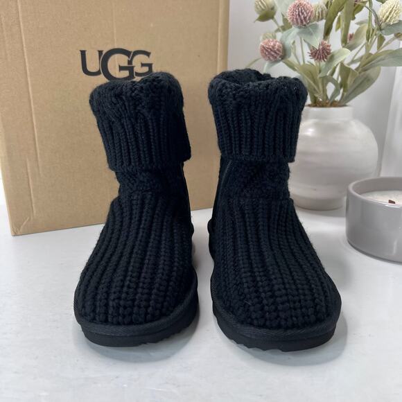 UGG Classic Cardi Cable Knit Boots Foldable Side Zip Black Kids 12 NWB - Picture 13 of 16